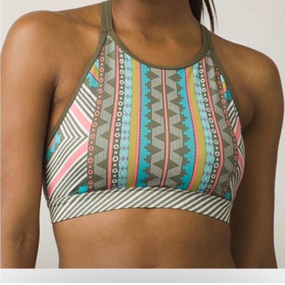 Prana High-Neck Aztec Stripe Sports Bra in Teal, Olive & Coral